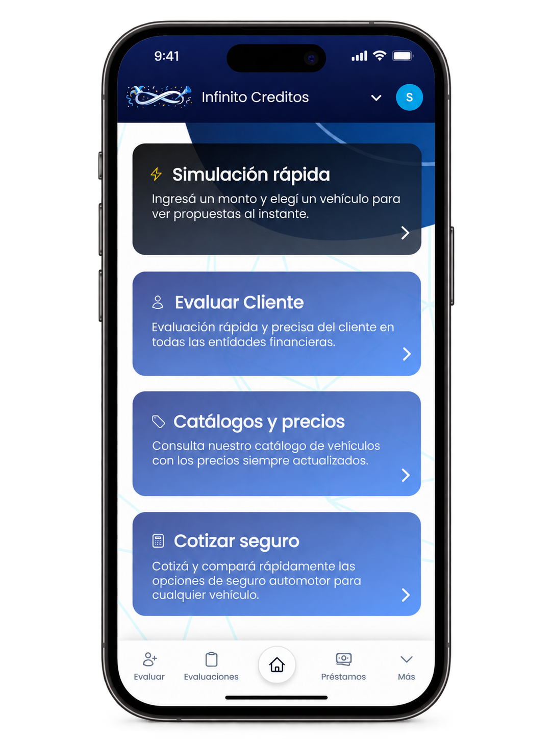 Vista de la plataforma Infinito Créditos